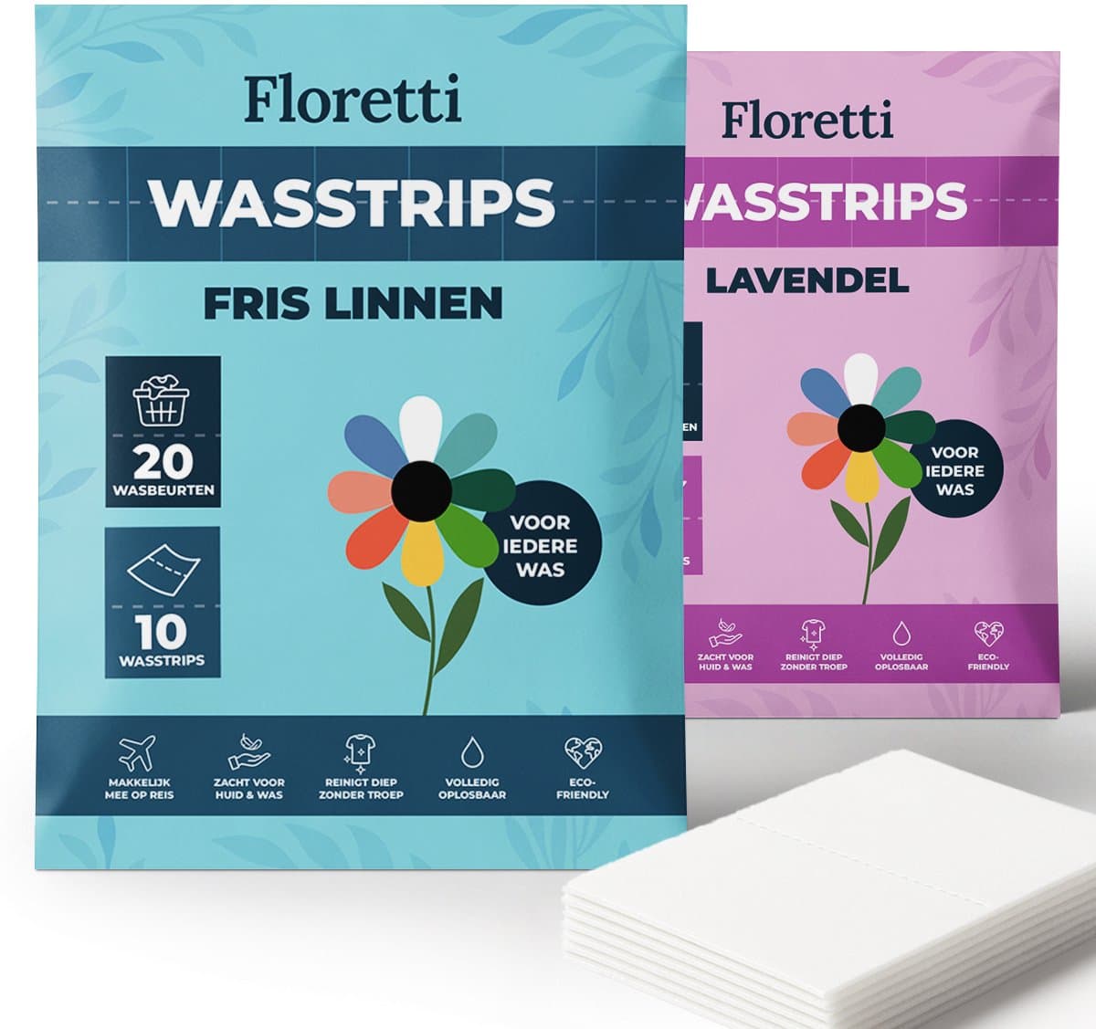 Floretti – Milieuvriendelijke Wasstrips Proefpakket – Fris Linnen & Lavendel – 2x20 wasbeurten – Wasmiddeldoekjes / Wasvellen / Laundry Sheets – Vegan – Ontdek alle geuren | Perfect om te starten — afbeelding 1