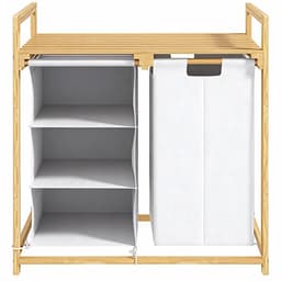 Wasmand, 4-vaks wasopslagdoos, met 2 uittrekbare en afneembare waszakken, met opbergrek, wasmand met handgrepen, geschikt voor slaapkamer, woonkamer, toilet, 70 x 36 x 70 cm, houtkleur, bamboe — thumbnail 1