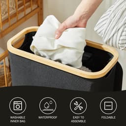 Wasmand met Deksel - Wassorteerder en Wasbox - 40 liter Smal Design - Opvouwbare Wasmand Met Waszak - Laundry Basket Van Bamboe En Hout - Zwarte Wasmand Voor Huishoudelijk Gebruik En Organizer Kleding — thumbnail 3