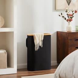 Wasmand met Deksel - Wassorteerder en Wasbox - 40 liter Smal Design - Opvouwbare Wasmand Met Waszak - Laundry Basket Van Bamboe En Hout - Zwarte Wasmand Voor Huishoudelijk Gebruik En Organizer Kleding — thumbnail 4