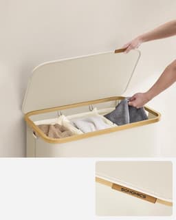SONGMICS LCB515W01 Wasmand met 3 vakken, 150 liter, wasmand met opvouwbaar deksel, afneembare waszak, oxfordstof, handgrepen van bamboe, opvouwbaar, 60 x 38,5 x 70,5 cm, crèmewit — thumbnail 4