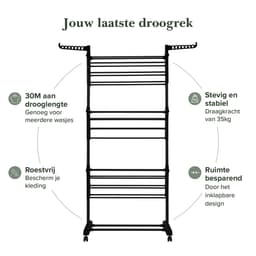 Jubbly® - Wasrek inklapbaar - Droogrek inklapbaar - Droogtoren met wieltjes - Wasrek staand - 30 Meter drooglengte - 35 Kilo draagkracht - Binnen als buiten gebruik - Zwart — thumbnail 2