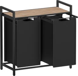 Dubbele wasmand opbergmand vuilewasmand 73×33×72 cm naturel+zwart met streepjes-opbergrek en uittrekbare afneembare binnenzak stevig metalen frame verstelbare poten multifunctioneel kledingorganizer geschikt voor wasruimte badkamer en slaapkamer — thumbnail 5