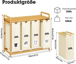 Wassorteerder 4 Vakken - Wasmand - 200L -Beige — thumbnail 2