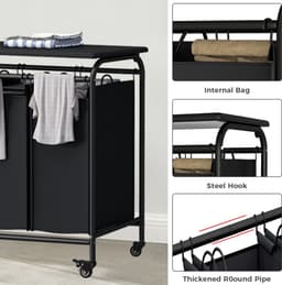 Wishdor Luxe Wasmand met Wielen 3 Vakken - Wassorteerder met Strijkplank & Opvouwtafel - Uitneembare Waszakken - Zwart (80,5 x 42,4 x 78,5 cm) — thumbnail 5