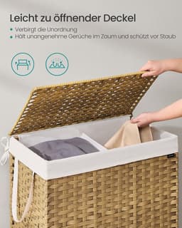 SONGMICS LCB216Y01 Wasmand 2 compartimenten wasmand 160 L Synthetische rotan wasmand met deksel en handvatten gevlochten opvouwbare verwijderbare waszak natuurlijke kleur — thumbnail 5