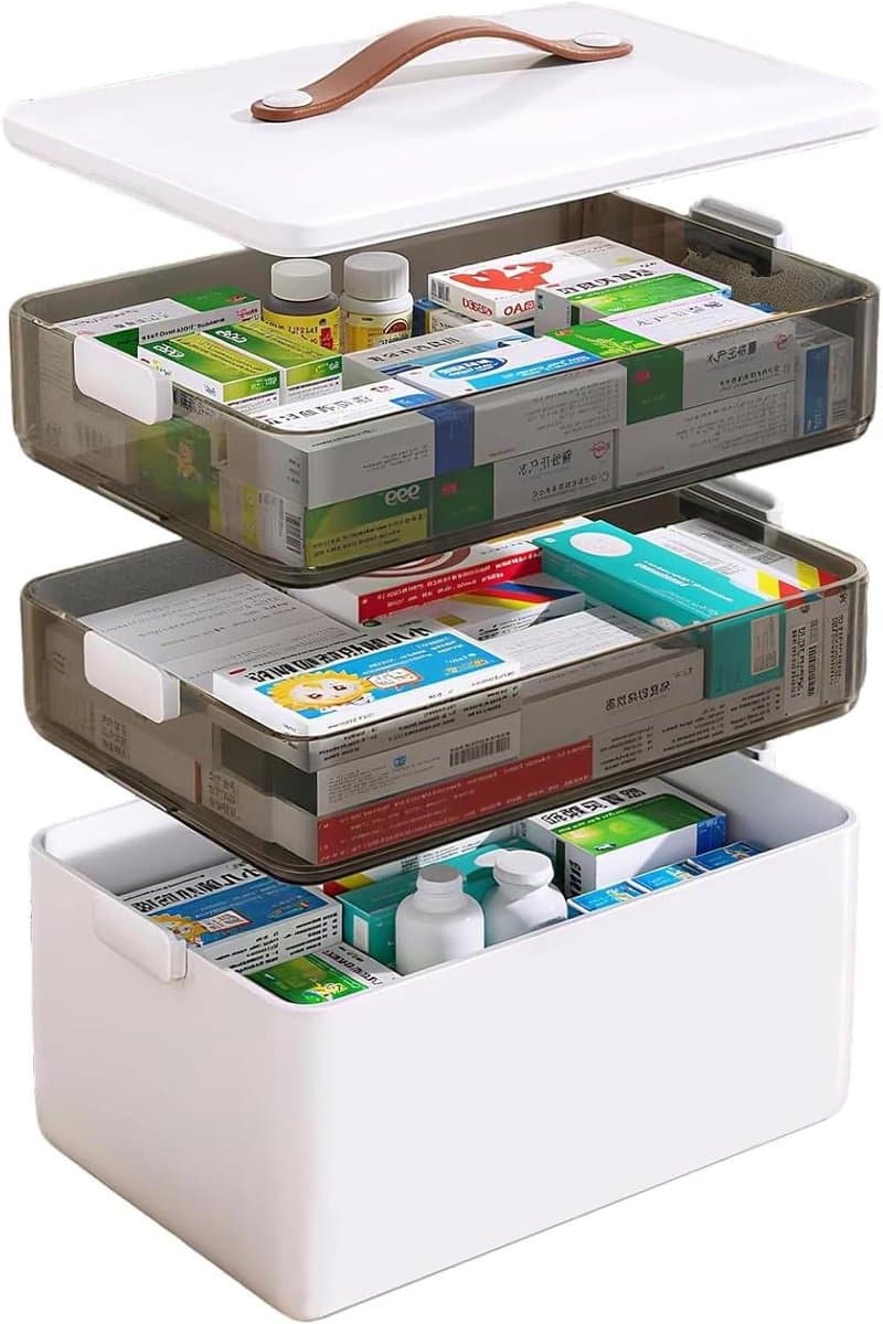 Medicijnbox met 3 lagen ideaal voor huishouden en reizen - Draagbaar met lederen handvat - 34 x 22 x 25,5 cm - Wit. — afbeelding 1