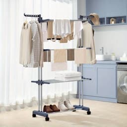 3-Laags Wasdroogrek met Verstelbare Stangen en Wielen – Opvouwbaar Droogrek met Hangers – Geschikt voor Binnen & Buiten — thumbnail 1