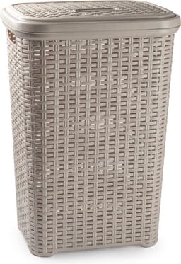 Plasticforte Wasmand met deksel - 60 liter - taupe - rotan - kunststof - L35 x B43 x H62 cm — thumbnail 1