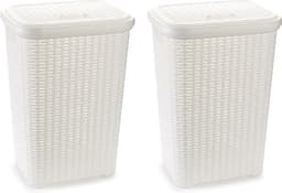 Plasticforte Wasmand met deksel - 60 liter - wit - rotan - kunststof - L35 x B43 x H62 cm — thumbnail 2