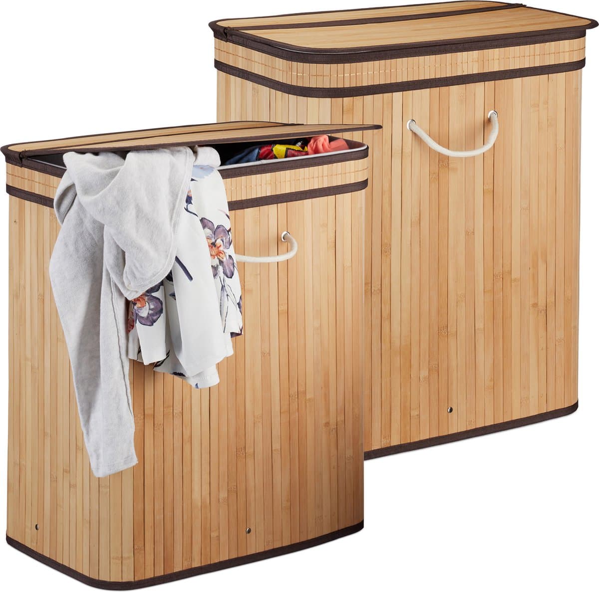 2x wasmand met deksel - 2 vakken - bamboe wasbox - mand voor wasgoed - natuur — afbeelding 1