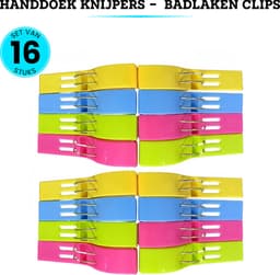 Somstyle Handdoek Knijpers - 16 Stuks - Wasknijpers - Strandlaken Klemmen voor Strandbed - Badlaken Clips - Groen, Blauw, Geel & Roze — thumbnail 5