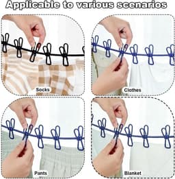2 Stuks Reiswaslijn, Elastische Waslijn, Draagbare Waslijn, Campingwaslijn, Outdoor-drooglijn Elastisch, met 12 Klemmen, voor Binnen en Buiten, Camping, Wasdrogen Buiten (Zwart, Donkerblauw) — thumbnail 4