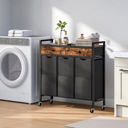 Mura Wasmand - Wassorteerder - Wasmanden - Wasbox - Kleding Mand - Waszak - Laundry Basket - 3 Wasvakken - 2 Lades - Hout/Stof — thumbnail 5