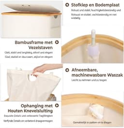 Wasmand - 158L - Wasmand 3 Vakken - Wasmand met Deksel - Beige - 57cm x 37cm x 75cm — thumbnail 3