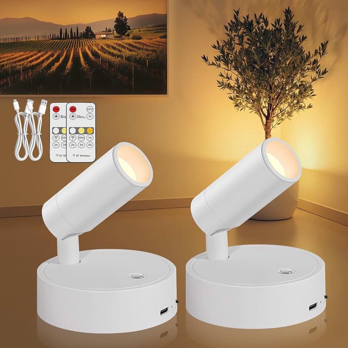 Led-spots, accu, wandlamp, binnen, wit, 2 stuks, USB-wandlamp, oplaadbaar, met afstandsbediening, 3 kleuren, spotlight, led-wandspots, schilderijverlichting, draadloos, voor plantenspots — afbeelding 1