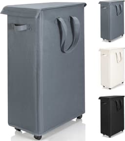 wasmand met deksel en wielen 55L - Opvouwbare dunne wasmachine oxford doek opbergmand met lange handgreep, geschikt voor slaapkamer, badkamer, wasruimte (Grijs) — thumbnail 1