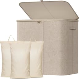 Wasmand met Deksel, Grote Opvouwbare Wasmand 3 Vakken met Uitneembare Zakken, Laundry Basket voor Slaapkamer, Badkamer, Studentenhuis en Wasruimte, 145L, Beige — thumbnail 1