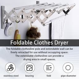 Wall Tumble Dryer, Collapsible 80 cm, with 5 Stainless Steel Poles, for Balcony or Utility Room, Maximum Load Capacity - ShopVlot — thumbnail 4