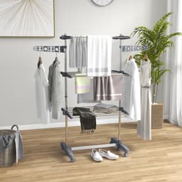 OKWISH Droogtoren Met Wielen – 3 Ebenen Klapbaar – Staal – Grijs – Vrijstaande Droogoplossing Voor Binnengebruik – Hoogteverstelbare Zijstang — thumbnail 1