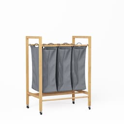 COVREO Wasmand 83 x 62 x 40 cm - 3 vakken, uitneembare waszak, bamboe en wielen — thumbnail 4