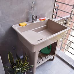Vrijstaande wasbak - Waskom met wasbord - Kleding wassen - Ergonomisch ontwerp - 80x56x80cm - Oranje — thumbnail 2