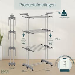 Droogrek Wasrek - Droogtoren Wastoren - Kleding Drogen - Inclusief Wasknijpers - 173 x 75 x 63 cm - Grijs — thumbnail 2
