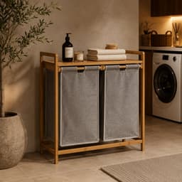 Luxe Wasmand Tao – Bamboe met 2 Waszakken – 64 x 33 x 73 cm – Dubbele Wasmand met Legplank — thumbnail 1