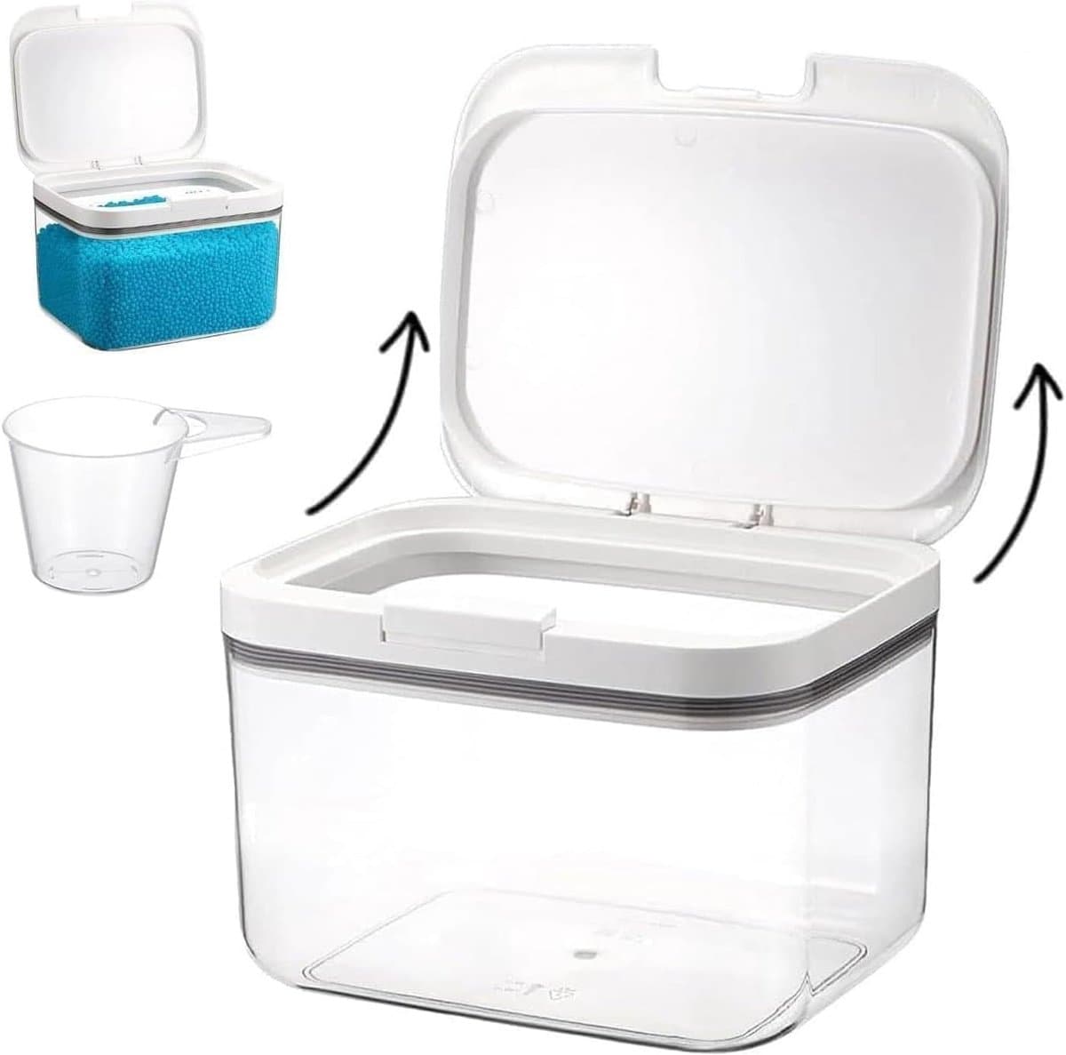Houder voor waspoeder, dispenser voor wasmiddel, 2,8 l | Inclusief etiket, afwasmiddel dispenser en deksel, geschikt voor wasmiddelcapsules, wasmiddel en meel, transparant wit — afbeelding 1