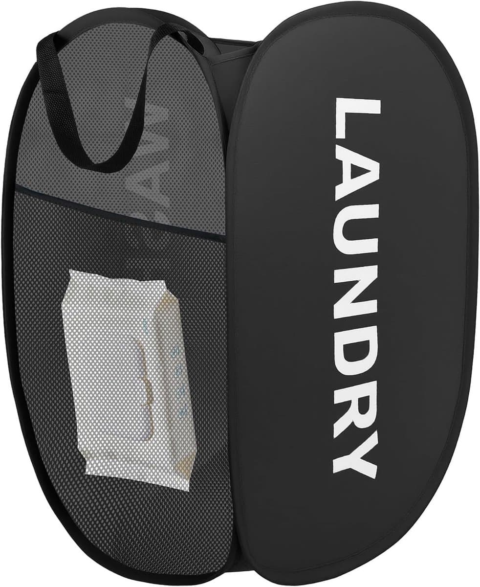 Vouwbare Wasmand met Handvatten en Zijvakken, Ideaal voor Camping, Badkamer en Studenten (33.5x33.5x58cm, Zwart) — afbeelding 1