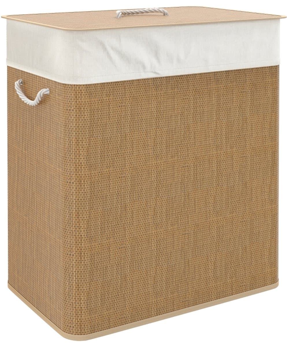 Wasmand 52 × 32 × 63 cm houtkleur bamboe, wasgoedmand met deksel en uitneembare waszak, eenvoudig ontwerp, praktisch en mooi, gebruiksvriendelijk, geschikt voor slaapkamer, badkamer en wasruimte — afbeelding 1