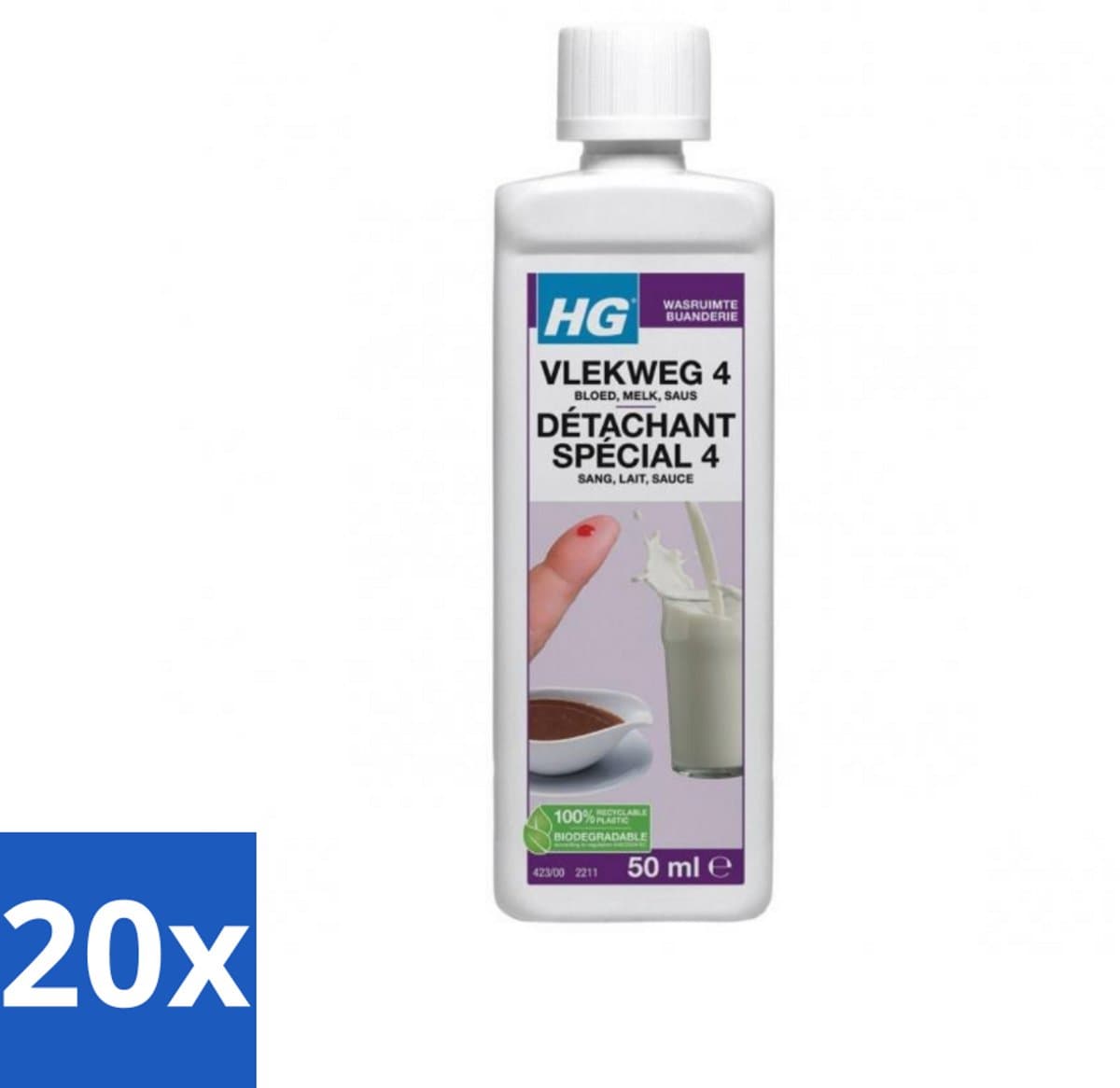 20 x HG - Wasruimte - Vlekweg 4 - Bloed, Melk, Saus - 50 ml - Vlekken Verwijderen - Bloedvlekken Verwijderen - Melk Vlekken Verwijderen - Saus Vlekken Verwijderen - Textiel Reinigen — afbeelding 1