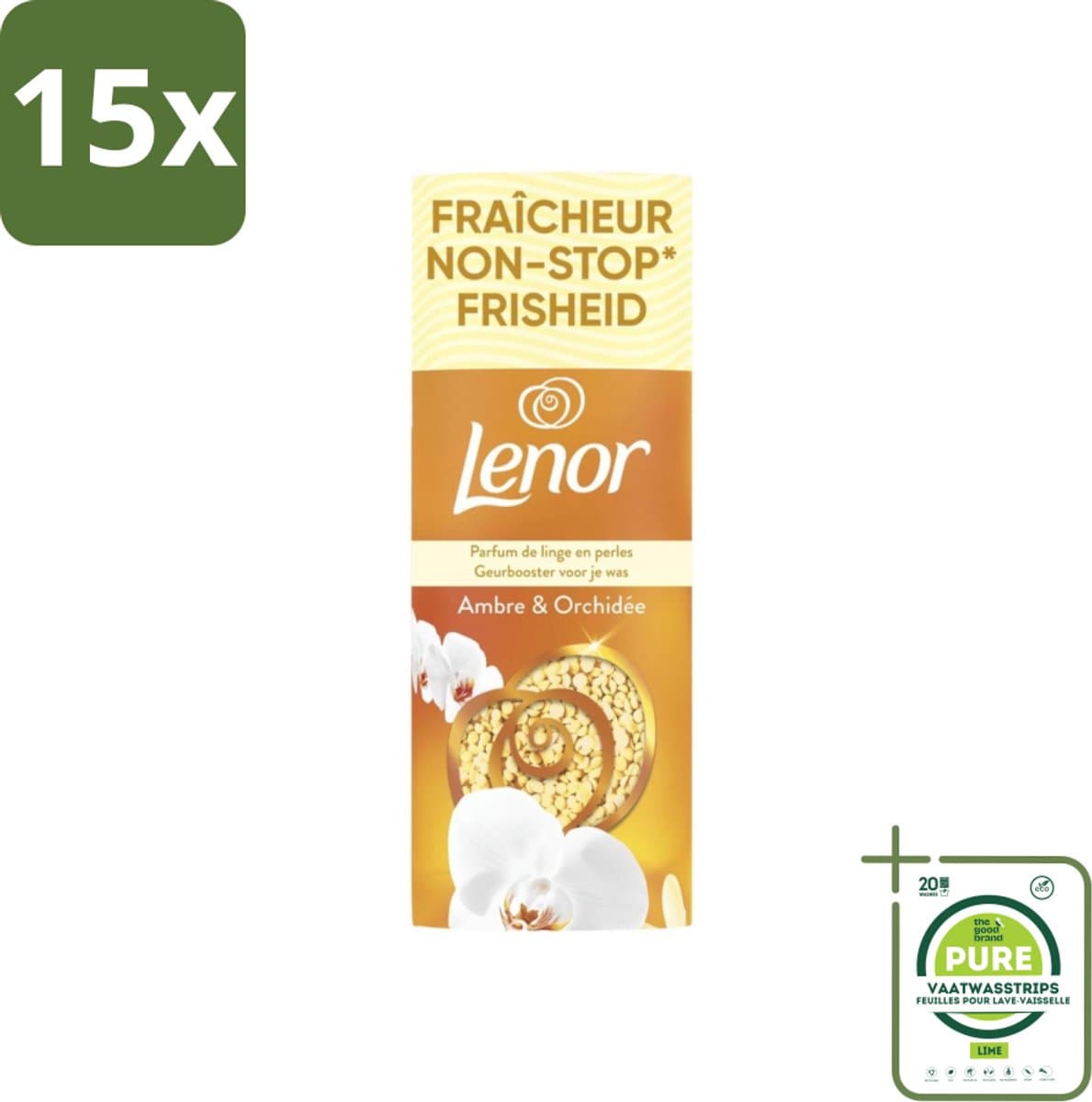 15 x Lenor – Geurbooster – Amber & Orchidee – 12 Wasbeurten – 155 g - Grootverpakking - Geurparels - Wasgeur - Luxegeur - Orchidee - Vanille — afbeelding 1