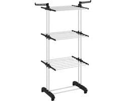 Opvouwbaar droogrek op wielen - 3 niveaus - stalen frame - met uitklapbare zijvleugels - 73 x 64 x 177 cm - zwart/zilver