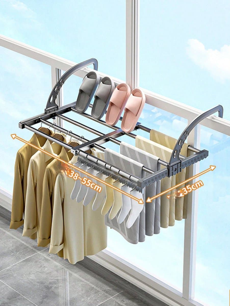 YAGXIG Uitschuifbare droogrek voor kleding - Veelzijdige washanger van koolstofstaal, verstelbaar van 38 tot 55 cm, droogrek voor kleding, schoenenrek, hangend aan de deur, badkamer, vensterbank, leuning, balkon — afbeelding 1