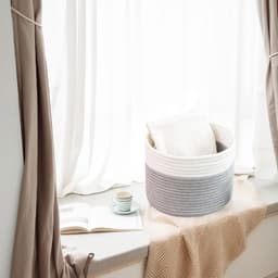 Wasmand van geweven katoen, mand van katoenen touw met handgrepen, stapelbare opbergmand, wasmand voor kleding, speelgoed, wasgoed, woonkamer, slaapkamer (grijs en wit) — thumbnail 2