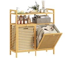 Atlasyx wasmand - Hout - Badkamer - Kleding mand - Opbergers organizer - Bamboe frame - 2 uitneembare manden - 82x33x88 cm - Kaki