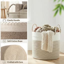 Ronde wasmand, 64 l, van katoenen touw, wasmand en opbergmand met handgrepen, voor vuile was, speelgoed en dekens, slaapkamer en wasruimte, 40 x 25,5 cm, wit en kaki — thumbnail 5