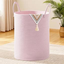 Extra Grote Geweven Katoenen Touw Wasmand 100L - Opvouwbare Opbergmand Met Handvatten - Decoratieve Wasverzamelaar Voor Kleding, Dekens, Speelgoed En Huishoudelijke Opslag - Zachte Katoenen Mand (Roze) — thumbnail 1