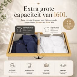 Wasmand met Deksel 160 Liter – Dubbele Wasmand met 2 Vakken – Uitneembare Waszakken – Opvouwbare Wassorteerder met Bamboe Handgrepen – Beige — thumbnail 5