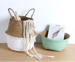 SnelShoppen - Geweven zeegras buikmand voor opslag, wasgoed, picknick, plantenpotafdekking, speelgoed en kruidenierswaren (zwart, klein) — thumbnail 2