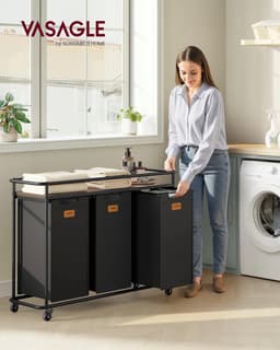Gudalio Wasmand Kast - Wassorteerder - Opbergmand - 3 compartimenten - Uitschuifbaar met plank - 150 liter - Zwart-Bruin — thumbnail 5