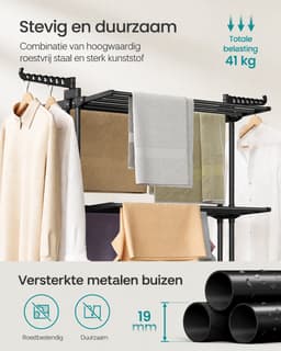 Seth Select Droogrek met 4 Niveaus – Opvouwbaar Wasrek met Vleugels en Wielen – Groot Wasdroogrek voor Binnen en Buiten – Zwart — thumbnail 3