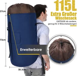 SnelShoppen - Waszak XXL 115 liter voor vuile was, waterdichte opbergzak met 2 gevoerde schouderbanden, opvouwbare kledingtas voor onderweg, plundry b — thumbnail 4
