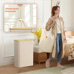 Wasmand met Deksel 50 Liter - Smalle Kledingmand met Uitneembare Waszak - Bamboe Frame - Opvouwbare Wasmand met Handgrepen - Beig — thumbnail 5