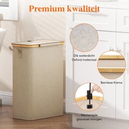 Wasmand met Deksel 50 Liter - Smalle Kledingmand met Uitneembare Waszak - Bamboe Frame - Opvouwbare Wasmand met Handgrepen - Beig — thumbnail 4