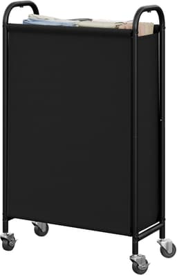 SAYS 80L slanke wasmand met wielen, stoffen rollende wasmand, smalle kledingorganizer, hoge mand voor kast, wasruimte, badkamer, zwart — thumbnail 1