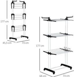 Opvouwbaar droogrek 73 × 64 × 177 cm zwart metaal handdoekenrek met meerdere lagen en 4 wielen voor eenvoudig verplaatsen stabiel en duurzaam geschikt voor balkon badkamer en terras — thumbnail 1