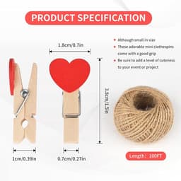 100 stuks mini houten hartknijpers - 3,5 cm en 30 m jute koord voor kunst en ambachten, bruiloften en evenementen — thumbnail 3