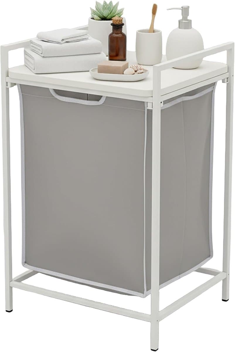 wasmand met plank, uitneembare waszak 65 l, H x B x D: 72 x 50 x 33 cm, wit/grijs — afbeelding 1